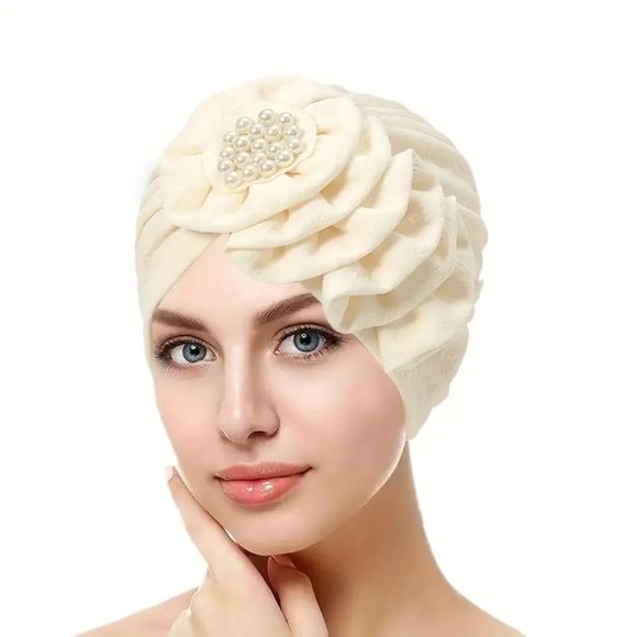 Beige Elegant Embossed Flower Turban Hat Head Wrap Chemo Cap - Picture 1 of 2